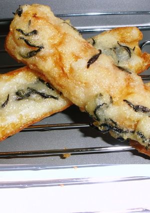A picture of Fried Chikuwa Fishcake Sticks and Hijiki Seaweed using Flour and Potato.