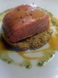 Steamed salmon, orange juice reduction, simple herbs sauce.