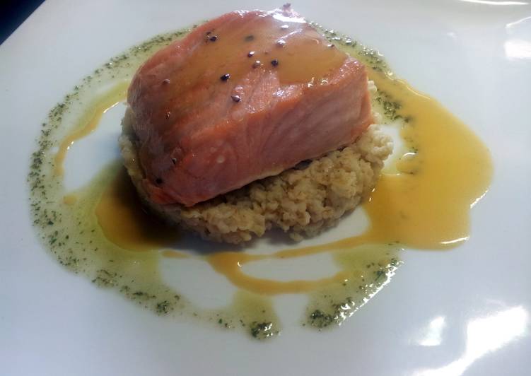 Recipe of Homemade Steamed salmon, orange juice reduction, simple herbs sauce.