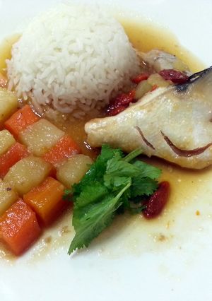 A picture of LG POACHED SALMON WITH POTATO AND CARROT IN ESSENCE OF CHICKEN BROTH.