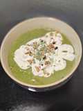 Purslane Soup with Goat Cheese Whipped Cream and Hazelnut Oil