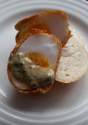 A picture of Sig's Crispy Duck Egg with Herb, Honey and Mustard Sauce.
