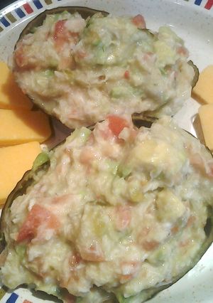 A picture of Avocado and crab salad.