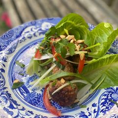 A picture of Summer Asian spiced Pork Balls with Salad.