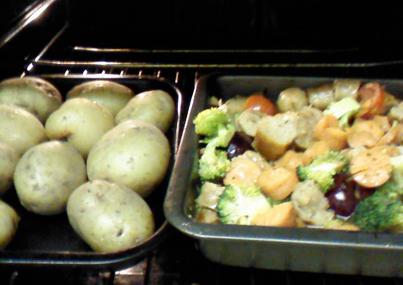 Cheaters guide to Garlic'd sausage casserole in a plum sauce with mini jackets and seasonal veg.