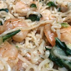 Real shrimp Ramen noodle with bokchoy A picture of Real shrimp Ramen noodle with bokchoy.