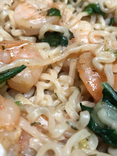 A picture of Real shrimp Ramen noodle with bokchoy.