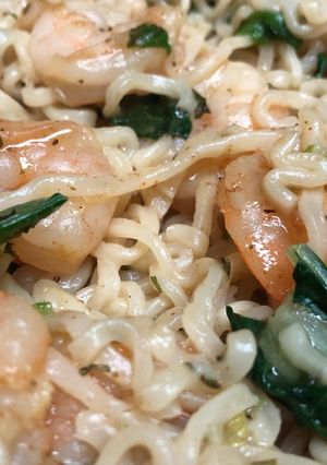 A picture of Real shrimp Ramen noodle with bokchoy.
