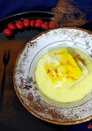 A picture of Bhapa Kesar Sandesh/Steamed Saffron Sandesh with Rabdi.