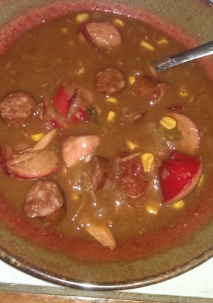 A picture of Turkey and sausage gumbo.