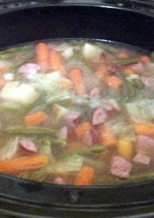 A picture of Smoked sausage and veggie stew.