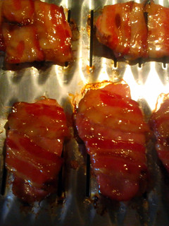 A picture of honey glazed bacon pork chops.