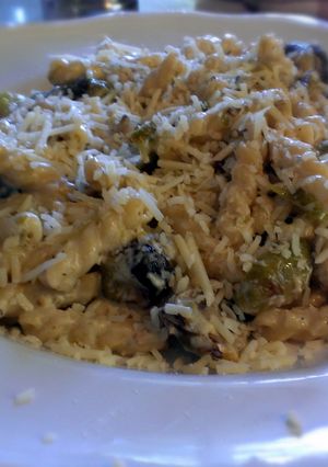 A picture of Roasted brussel sprouts with pasta.