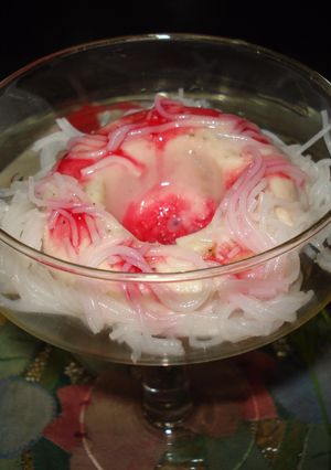 A picture of Dahi ice-cream with falooda and rose syrup-(Ice-cream with a twist).
