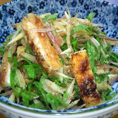 A picture of Myoga Ginger, Shiso and Aburaage Fried Tofu with Sesame Seeds.