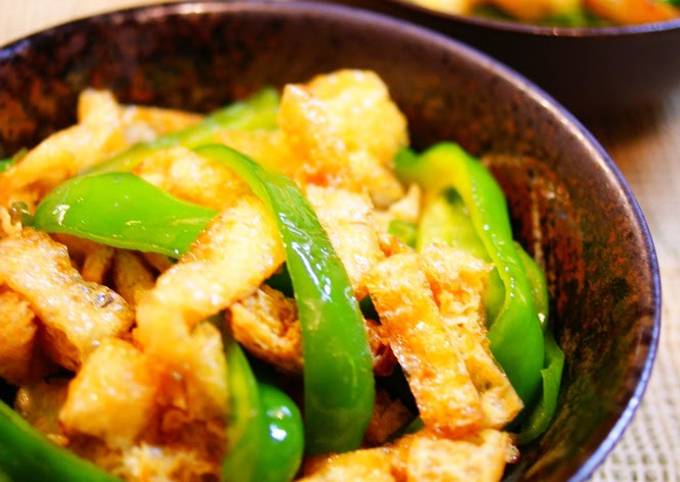 Recipe of Homemade Green Bell Peppers and Aburaage Stir-fried in Oyster Sauce