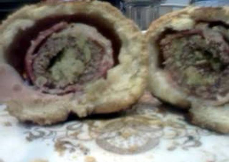 Bacon Wrapped, Broccoli & Artichoke Stuffed Steak, Homemade Bread Pockets w Savory Mushroom Tomato Paste Gravy