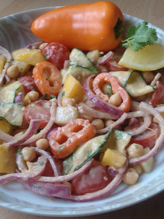 A picture of Vickys Chickpea & Mango Salad w Creamy Dressing, GF DF EF SF NF.