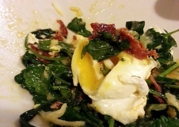 Sauted Kale Topped with Poached Egg + Crispy Chorizo
