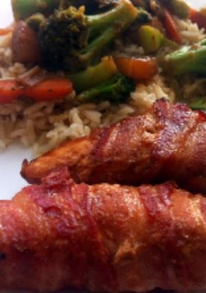 A picture of stuffed baccon chicken breast.