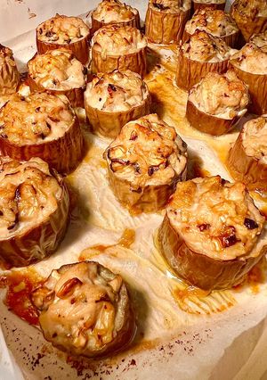 Hình của món Cà Tím Nhồi Ức Gà Và Nấm Hương Tươi Nướng.