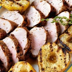 A picture of Mustard Crusted Pork Tenderloins with Grilled Pears.