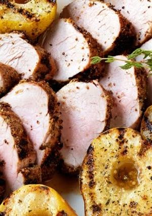 A picture of Mustard Crusted Pork Tenderloins with Grilled Pears.