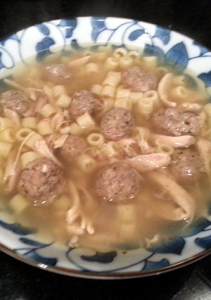 A picture of Gourmet Italian Chicken Pasta Meatball Soup.