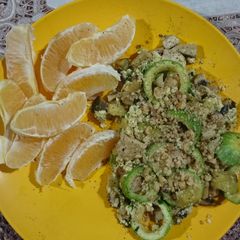 Eggwhite scrambled eggs with veggies A picture of Eggwhite scrambled eggs with veggies.