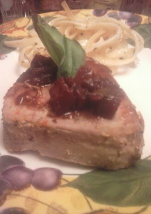 A picture of Brad's pan seared ahi tuna with red wine balsamic reduction.