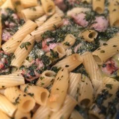A picture of Italian Sausage Alfredo With Spinach.