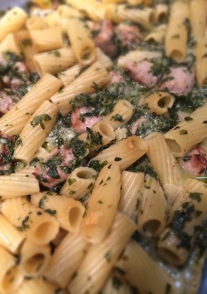 A picture of Italian Sausage Alfredo With Spinach.