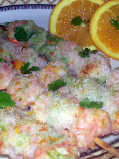 A picture of tropical shrimp skewers.