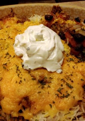A picture of Rice and bean casserole with turkey.
