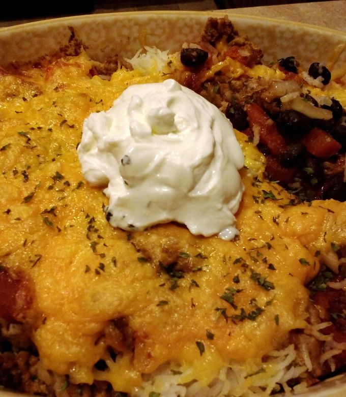 A picture of Rice and bean casserole with turkey.