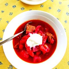 A picture of Deli-style Borscht Soup with Beans and Beetroot.