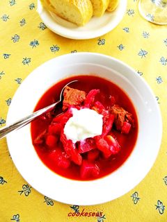 A picture of Deli-style Borscht Soup with Beans and Beetroot.