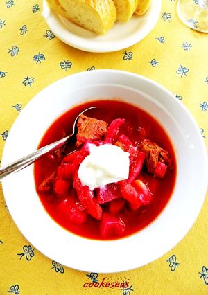 A picture of Deli-style Borscht Soup with Beans and Beetroot.