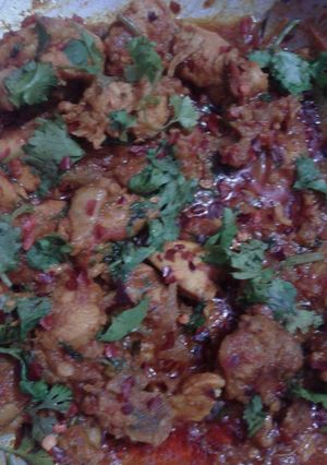 A picture of Indian spicy chicken with potato.