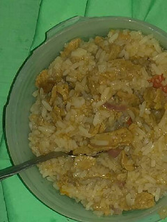 A picture of Sossi chunk with boiled rice.