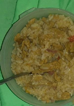 A picture of Sossi chunk with boiled rice.