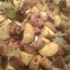 A picture of Baked sausage and potatoes.