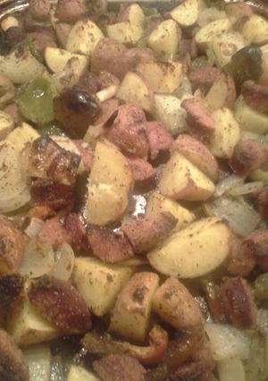 A picture of Baked sausage and potatoes.