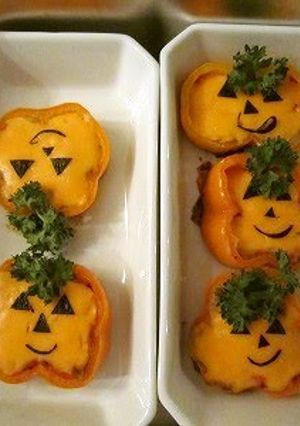 A picture of Stuffed Bell Peppers for Halloween.