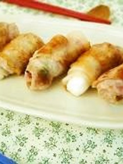 A picture of Hanpen Fish Cakes and Shiso Leaves Rolled in Pork.