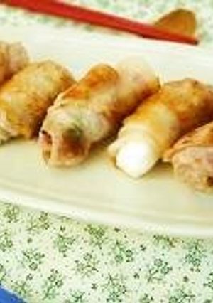 A picture of Hanpen Fish Cakes and Shiso Leaves Rolled in Pork.