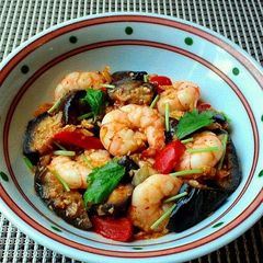 A picture of Kimchi Sweet Vinegar Stir Fry with Shrimp and Eggplant.