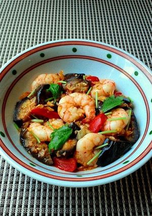 A picture of Kimchi Sweet Vinegar Stir Fry with Shrimp and Eggplant.