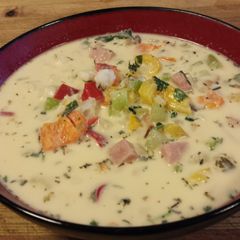 A picture of Spicy Ham and Hominy Chowder.
