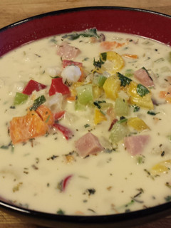 A picture of Spicy Ham and Hominy Chowder.